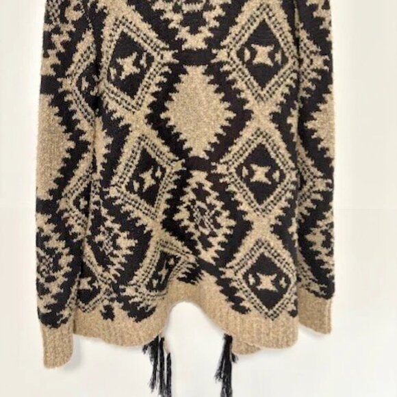 Cato Beige Black Gold Metallic L Drape Open Front Tribal Cardigan Fringe Boho - Picture 7 of 9